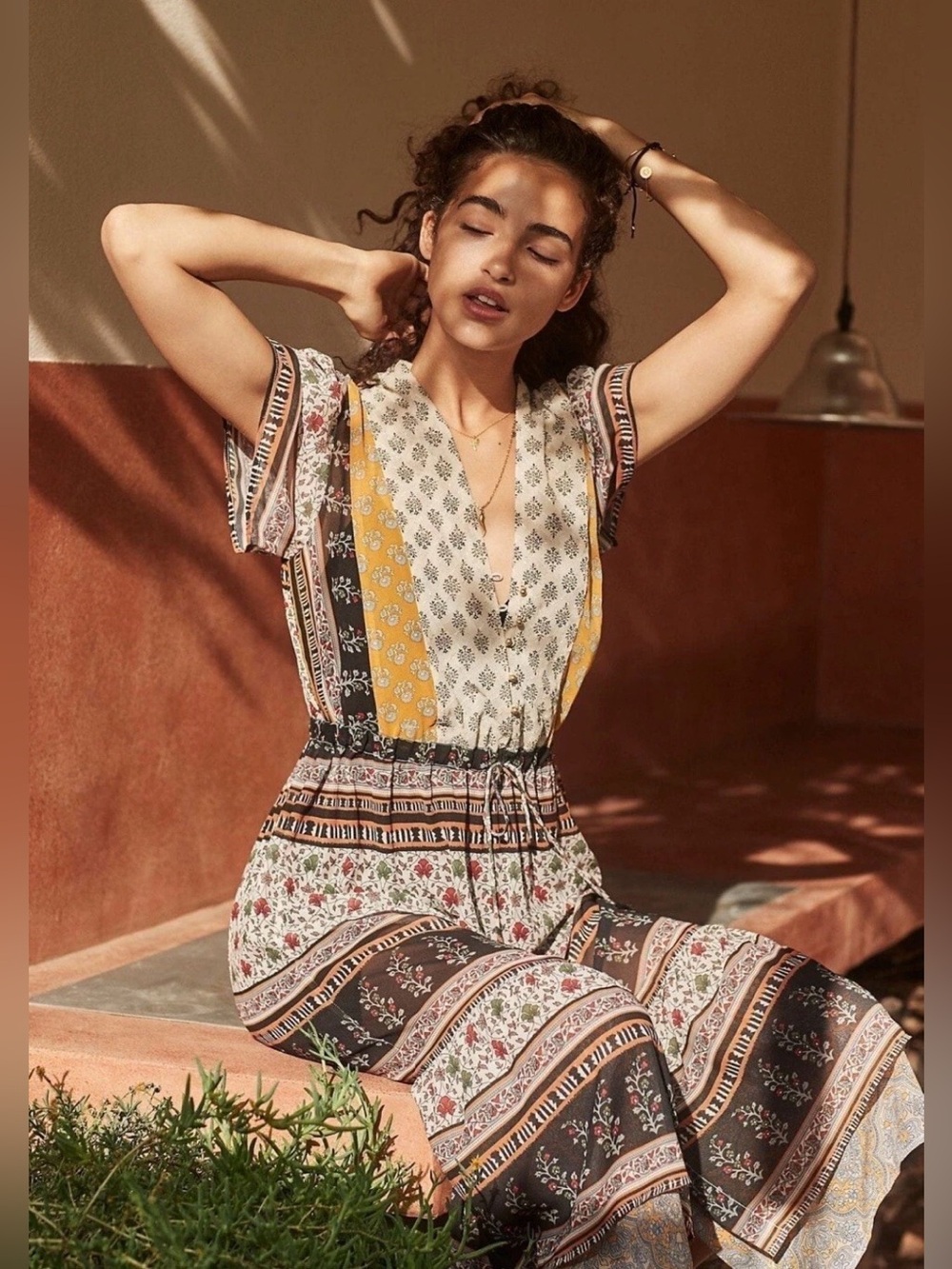 One September Anthropologie L Provencal Boho Floral Gold Thread Midi Dress